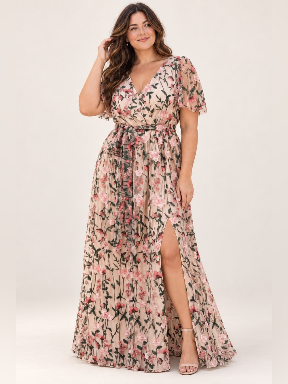 Baltic Born Arabella Rose Garden Embroidered Tulle Maxi Wrap Dress Large EUC